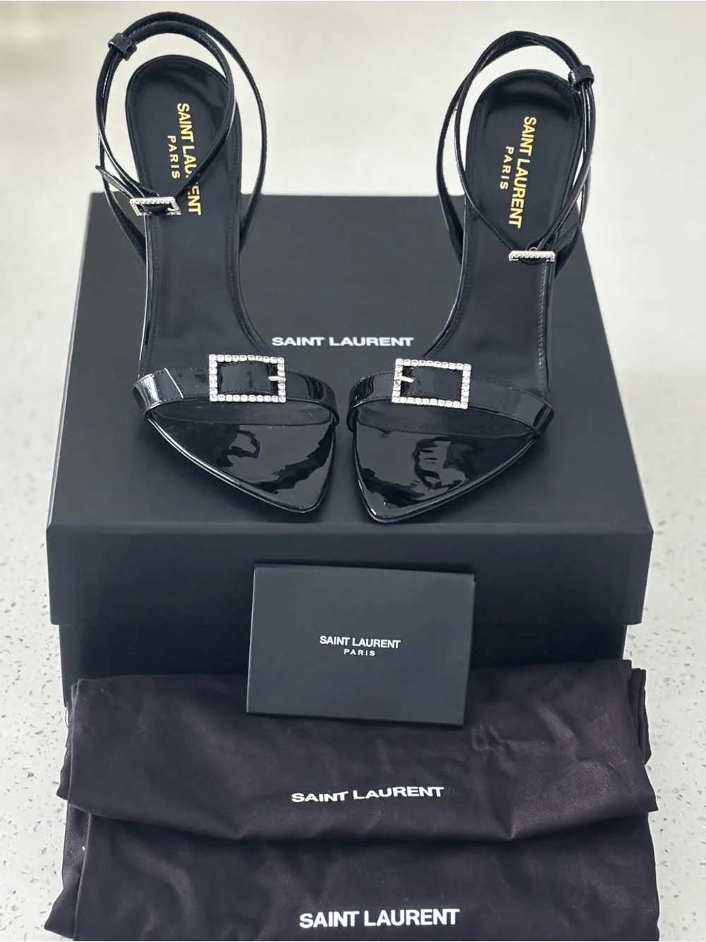 Saint Laurent Black Patent Slingback Heels with Crystal Buckles - Picture 6 of 7